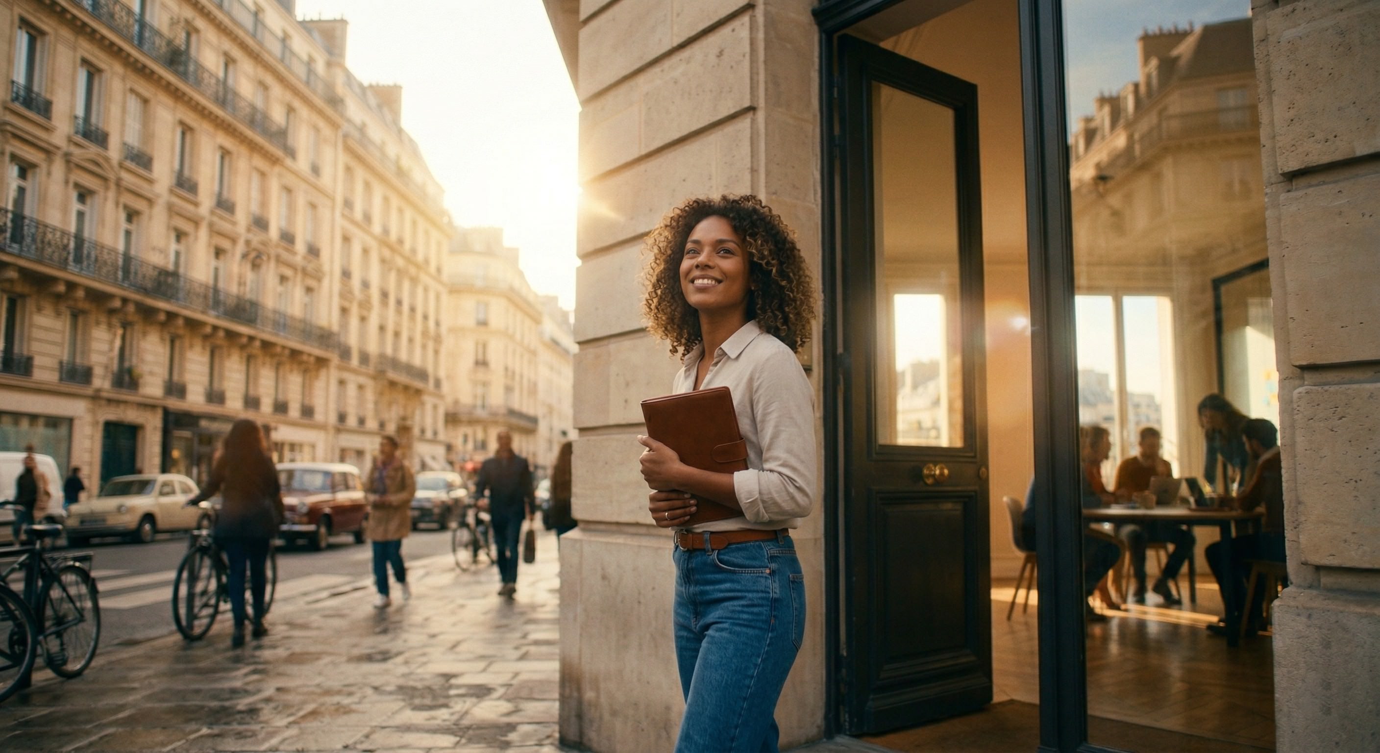 Jeune entrepreneure confiante sortant d'un immeuble parisien après une formation CréActifs