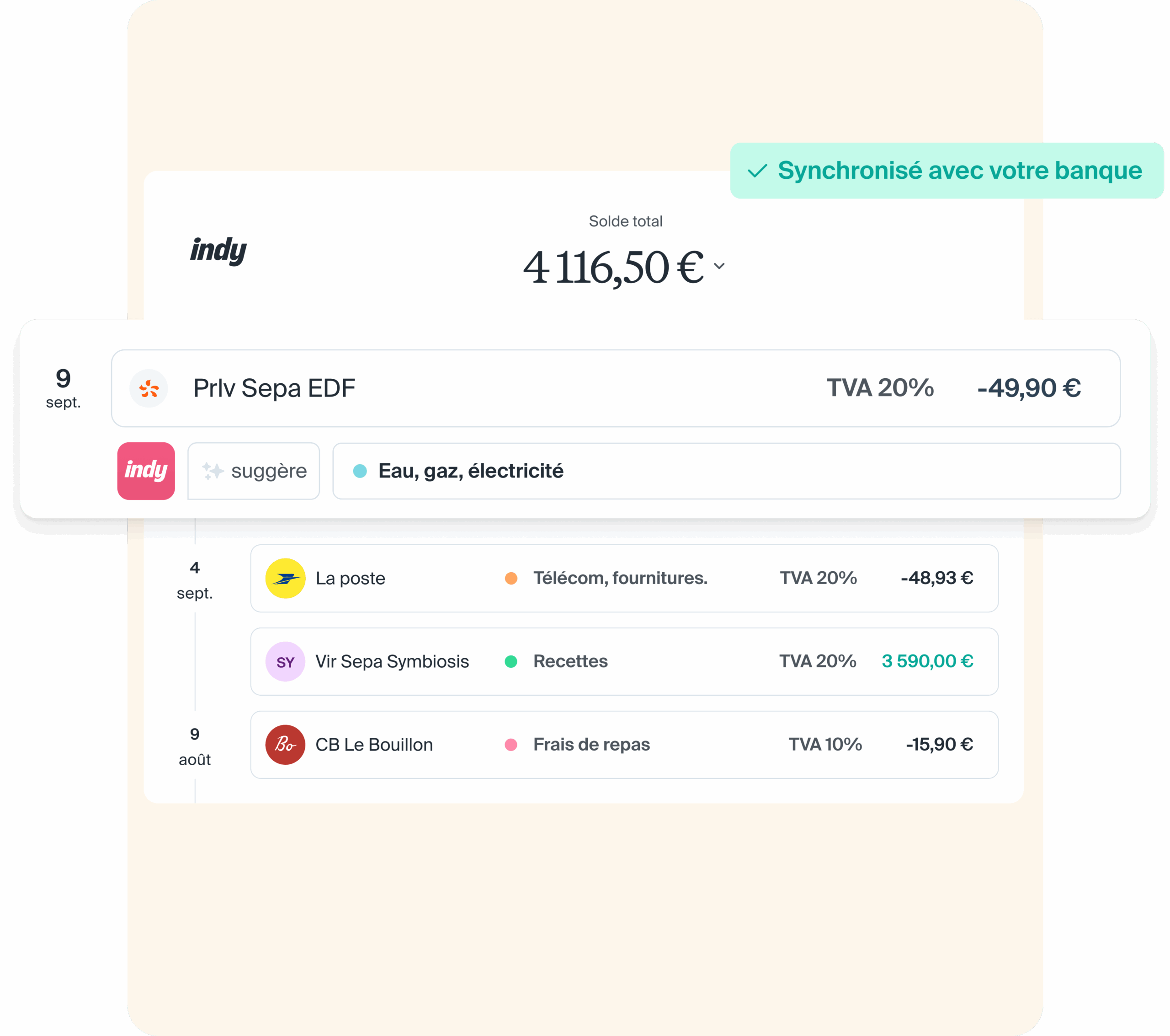 Interface Indy comptabilité en ligne avec synchronisation bancaire et catégorisation automatique